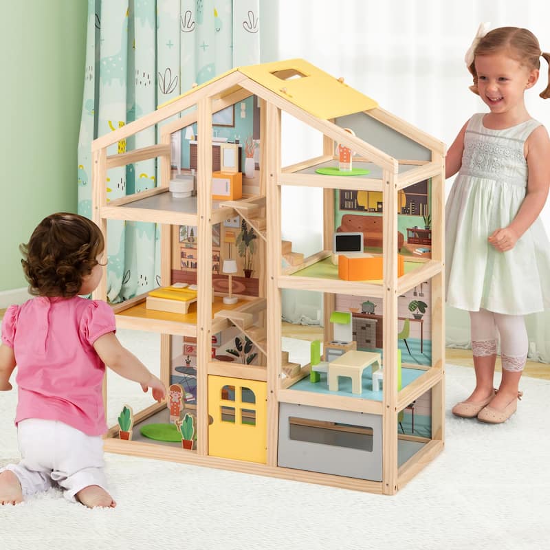 18 Furniture Pieces Children’s Wooden Dollhouse Playset with Kitchen Bedroom and Living Room - 24" x 12" x 29.5"