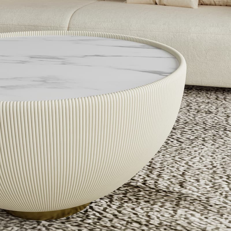 Modern Drum Coffee Table, Sintered Stone Coffee Table with PU Leather and Aluminum Alloy Base