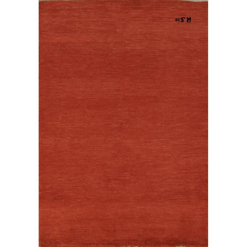Orange Gabbeh Modern Rug Hand-Knotted Solid Wool Carpet - 3'2" x 4'11"