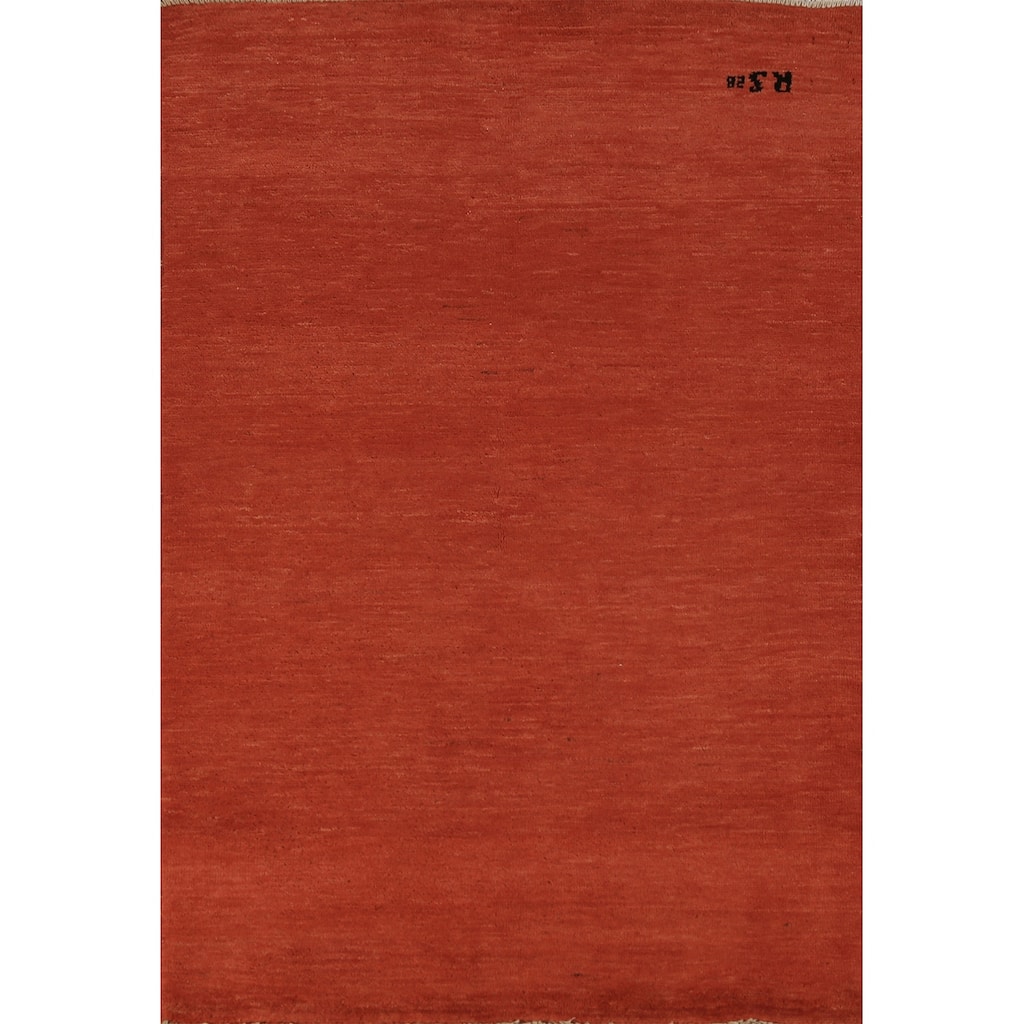 Orange Gabbeh Modern Rug Hand-Knotted Solid Wool Carpet - 3'2" x 4'11"