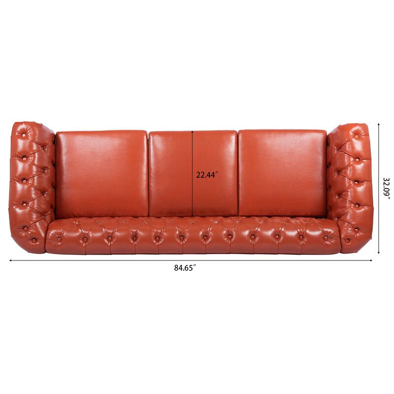 Chesterfield PU Leather 3 Seater Sofa, Button Tufted Deep Seat Sofa, Upholstered Sofa with Rolled Arms & Nailhead Trim