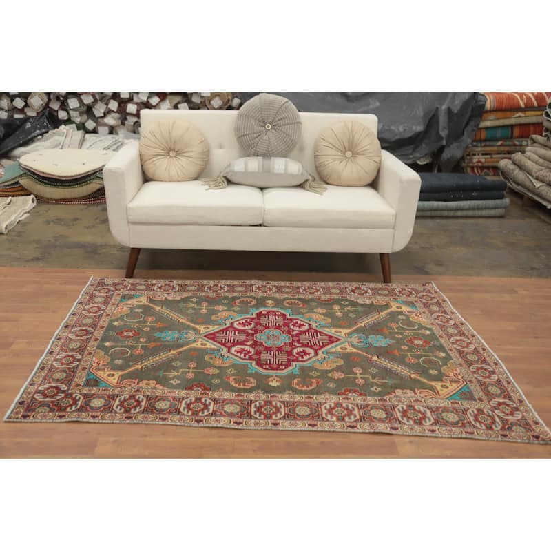 Hand Knotted Oriental 100% Wool Carpet Traditional Medallion Green Tabriz Area Rug - 6' 3'' X 4' 4''