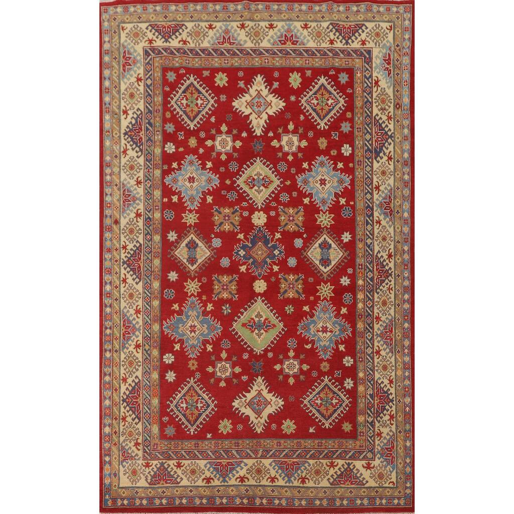 Red Geometric Kazak Area Rug Hand-Knotted Bedroom Wool Carpet - 6'2" x 10'2"