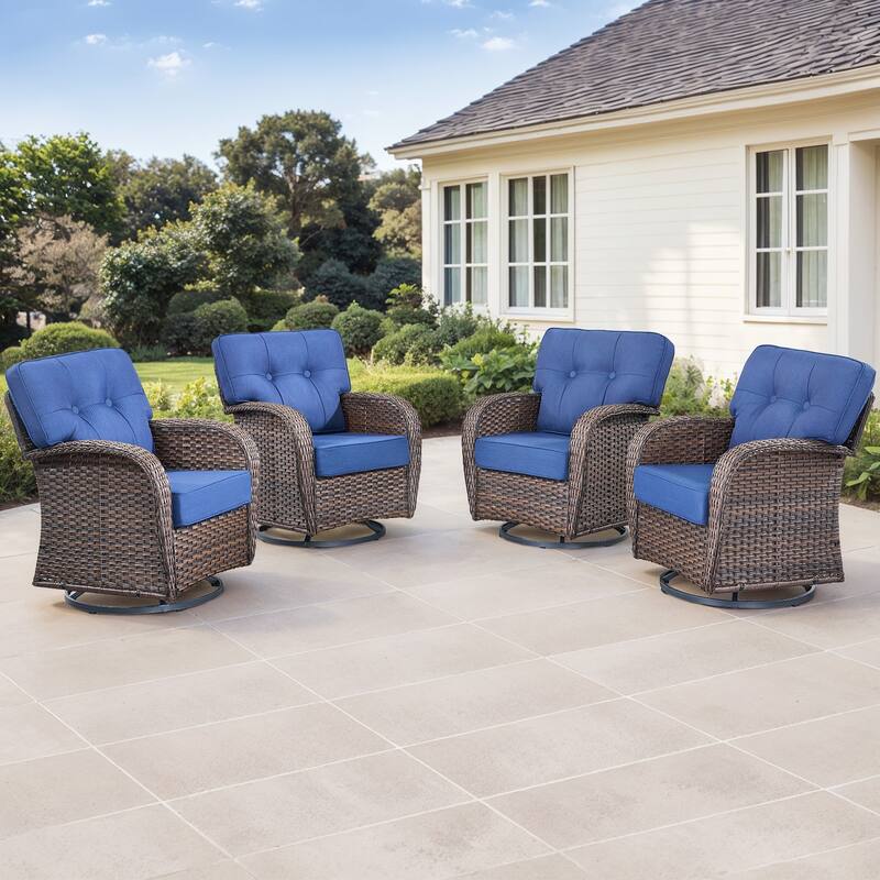 Gymojoy 4-Piece Outdoor Wicker Swivel Chair Set, 5" Thick Wide Cushions, Patio Lounge Chairs - Brown Wicker / Blue Cusion - 4-Piece