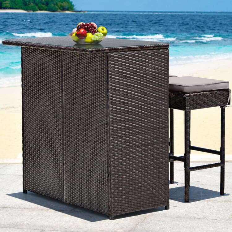3-Piece Patio Rattan Wicker Bar Set with 2 Cushioned Stools for Outdoor Entertaining - 40" x 24" x 41.5" (L x W x H)