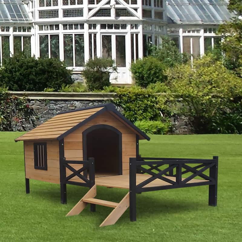 Outdoor Large Wooden Cabin House Style Wooden Dog Kennel with Porch - Brown+Yellow
