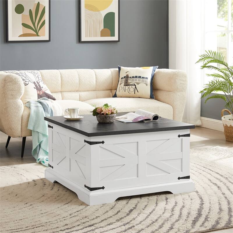 Farmhouse Coffee Table, Square Wood Center Table with Hidden Storage - White