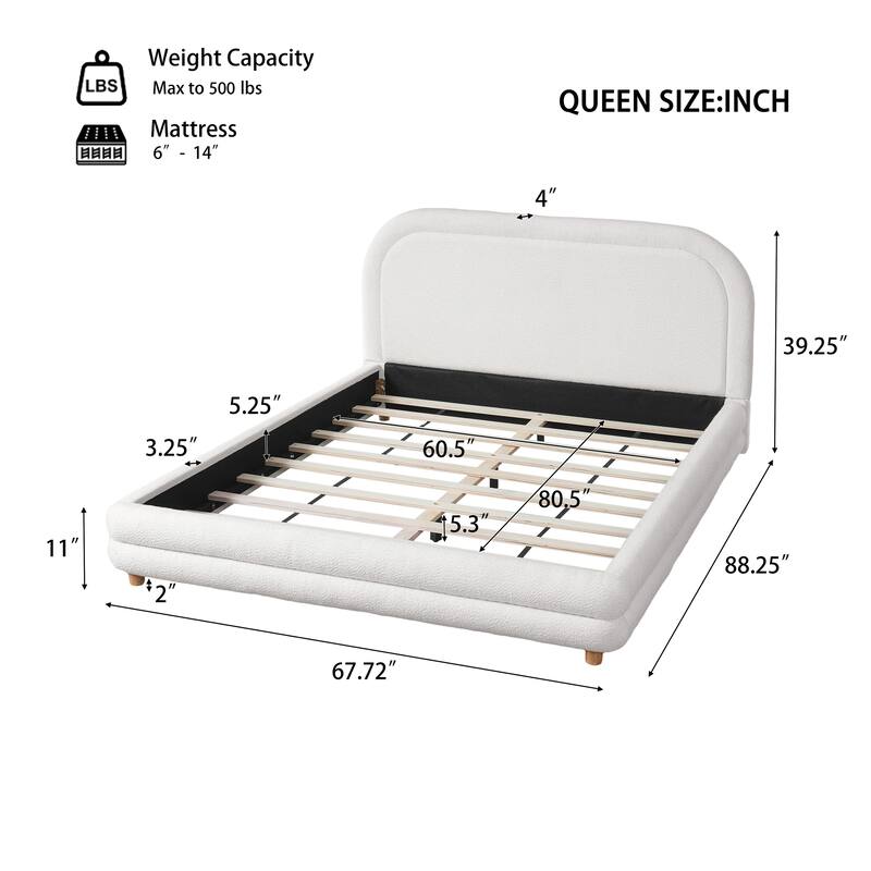 Christopher Knight Home - Camellia Modern Boucle Upholstered Bed Frame with Thick Curved Headboard and Wood Legs