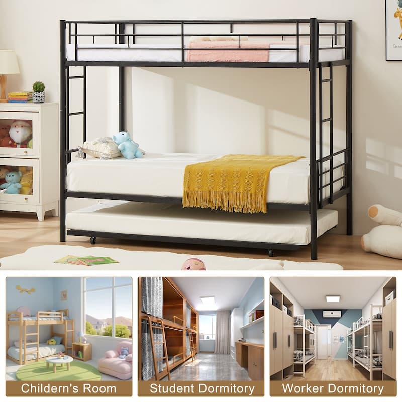 Twin Over Twin Bunk Bed with Trundle, Detachable Twin Bunk Beds w/ 2 Side Ladders & Full-Length Guardrails - Black