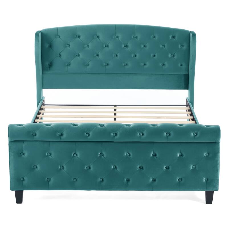 Christopher Knight Home - Amara Traditional Velvet Upholstered Sleigh Bed with Wingback Headboard & Scroll Footboard, Queen Size