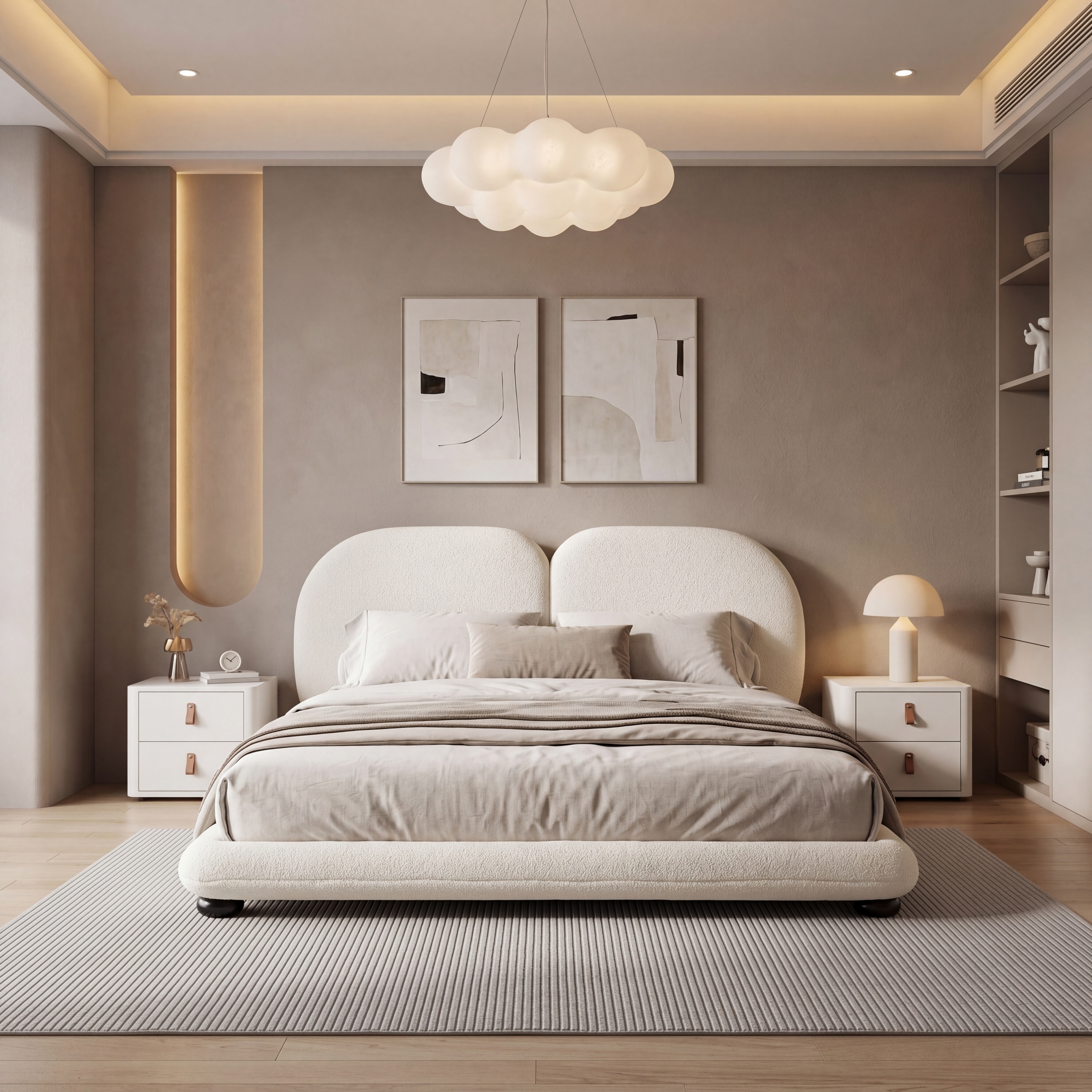 White Upholstered Platform Bed Frame with Headboard