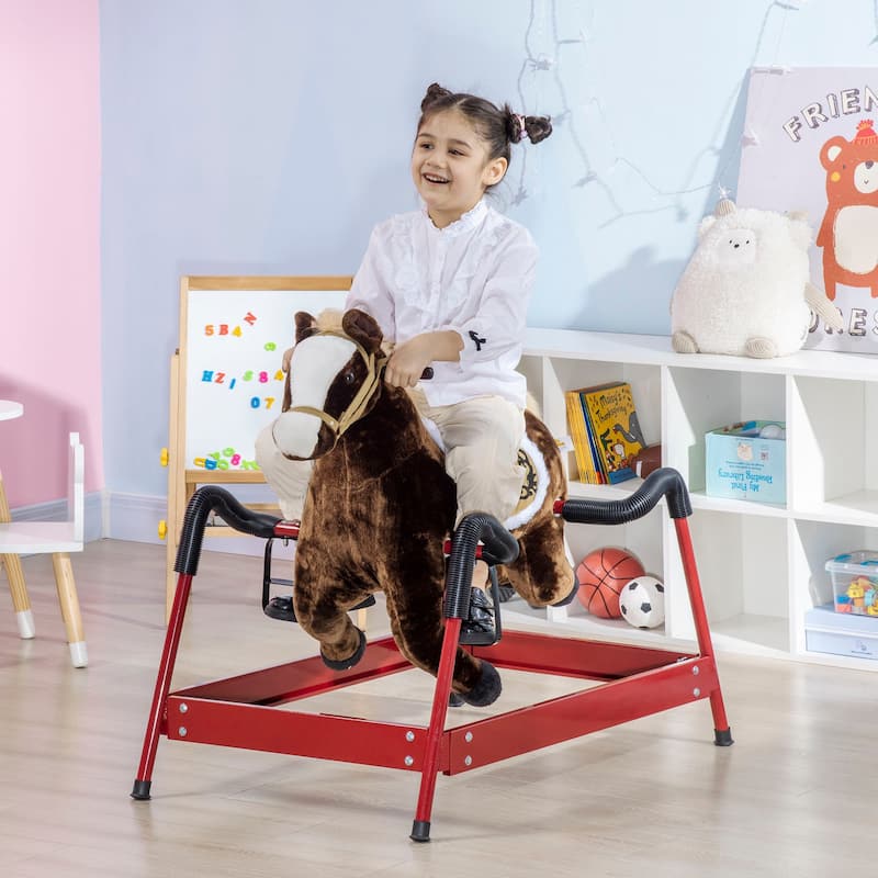 Qaba Kids Spring Rocking Horse, Ride on Horse for Girls and Boys with Animal Sounds, Plush Horse Ride-on with Soft Feel