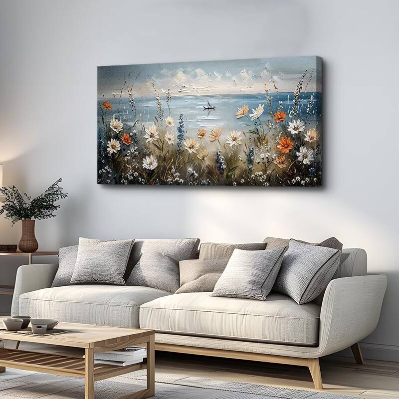 Blue Ocean Paintings Flowers Landscape Wall Pictures Artwork - 20 x 40