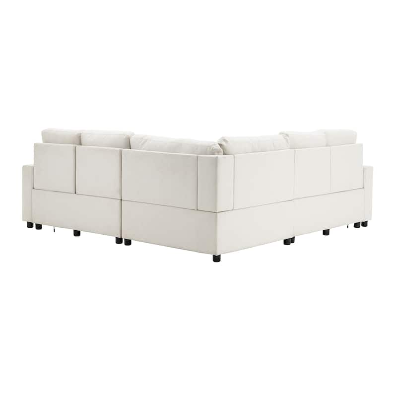 88.9" Linen Power Recliner Sectional 5-Seat Sofa with USB Ports and Storage Drawers