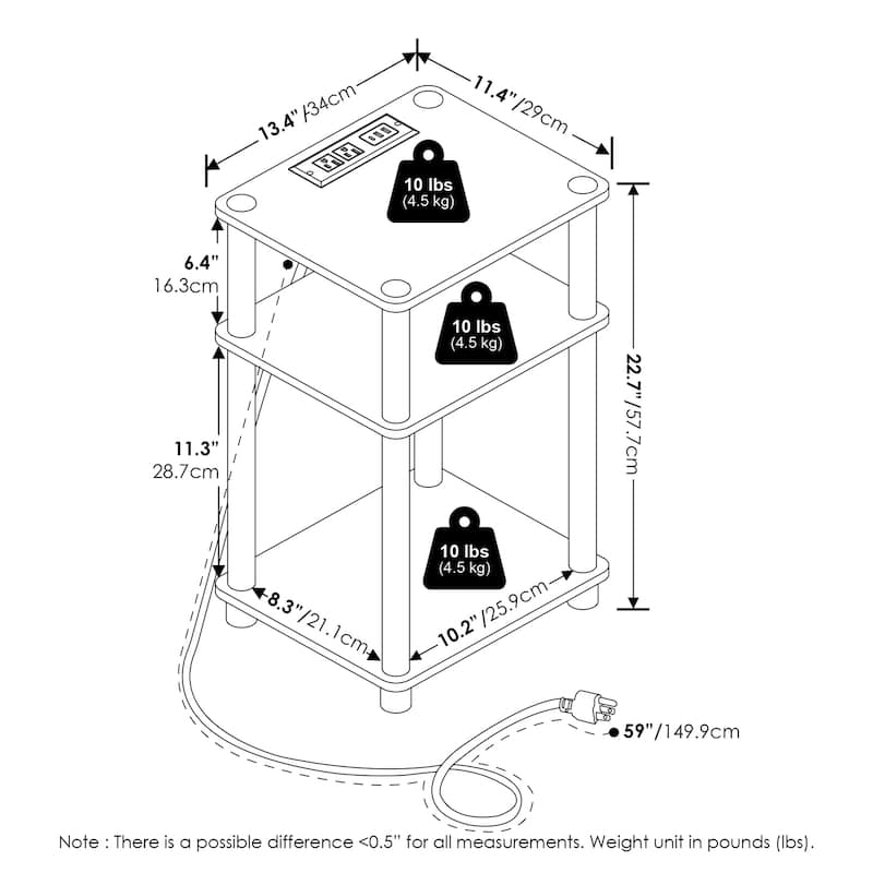 Modern End Table with USB Charger & Storage - 3 Tier Nightstand Set of 2 - Flagstaff Oak/Black - 13.39