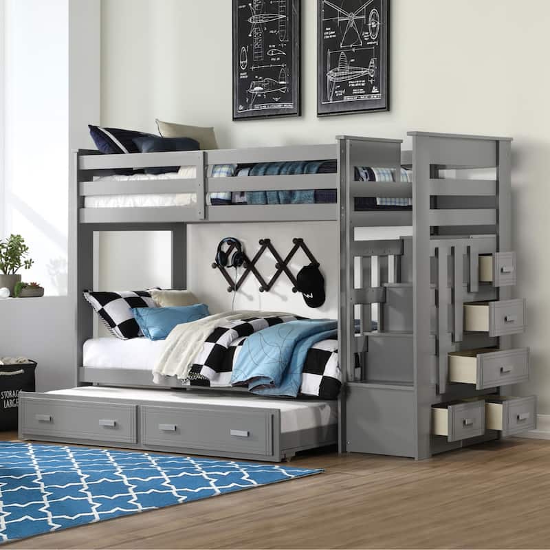 Wooden Twin over Twin Bunk Bed with Trundle in Gray Finish