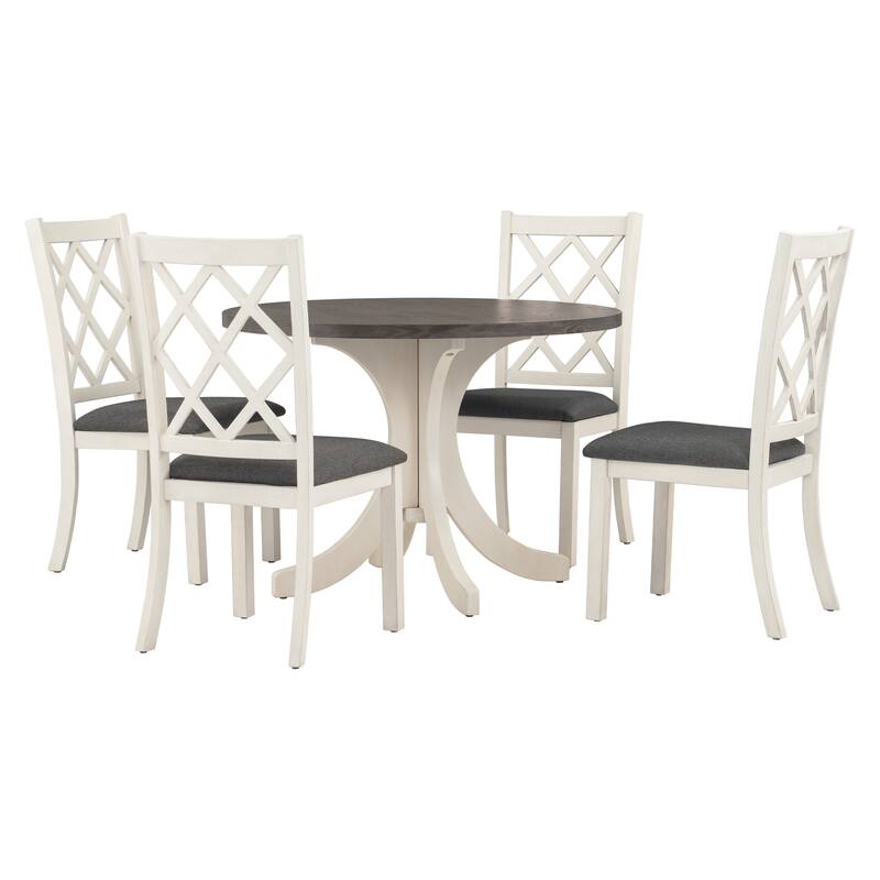 Round Dining Table Set for 4, 42" Mid-Century Table with 4 Chairs, 5-Piece Space-Saving Wood Kitchen & Dining Room Table Set