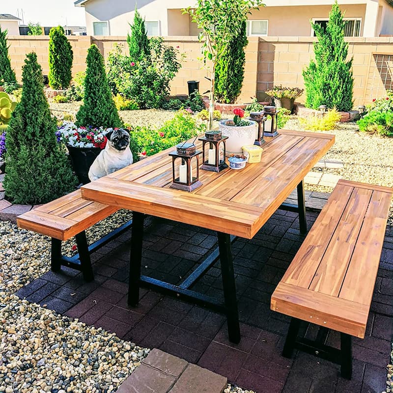 MAISON ARTS 3-Piece Patio Dining Table Set Acacia Wood with 1 Rectangular Table and 2 Benches - Set 1