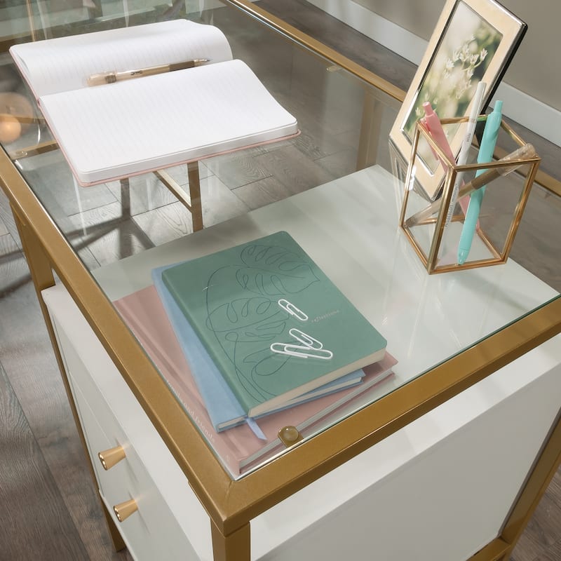 Wood L-Shaped Desk with Glass Top, White