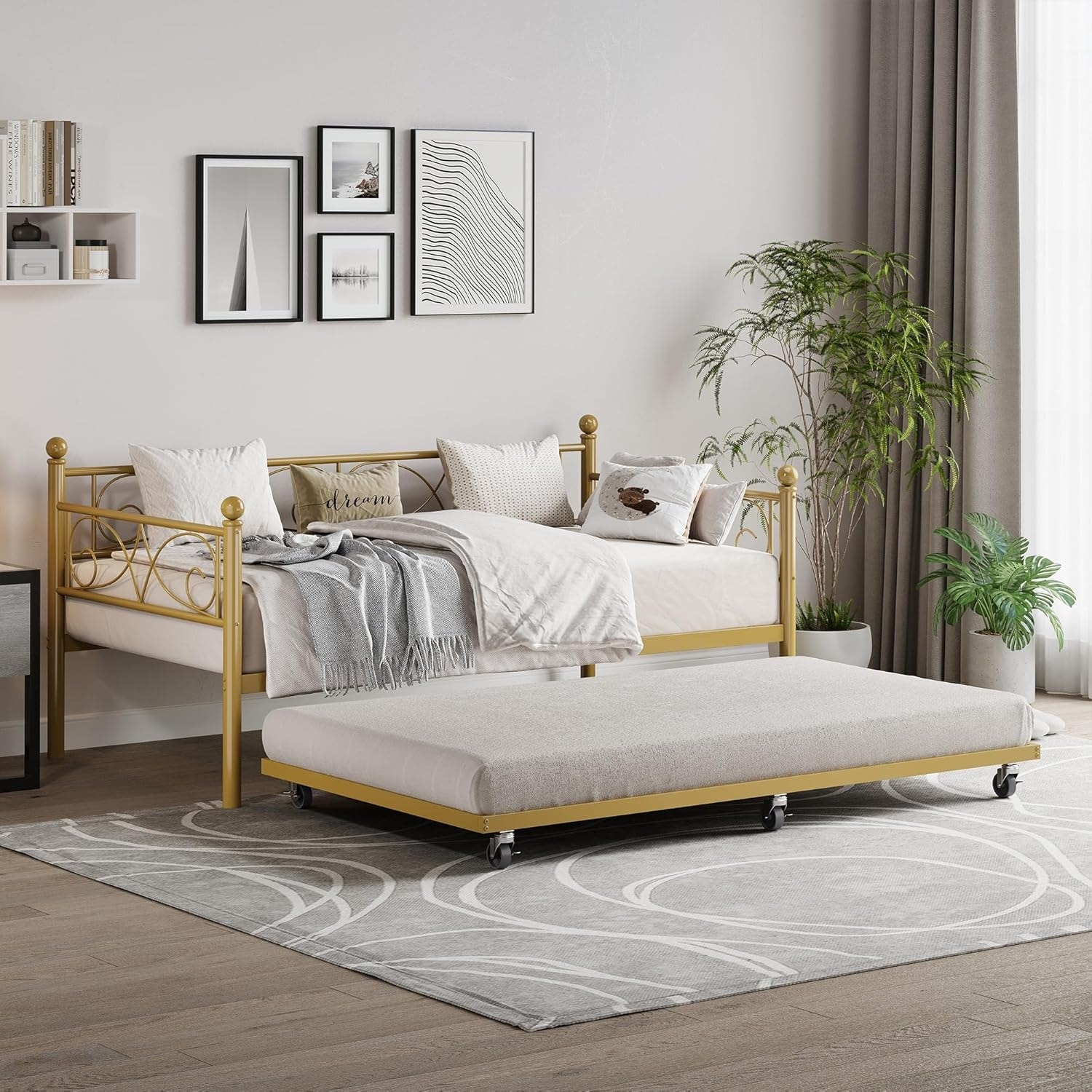 Gold Daybed Twin Size, Metal Day Bed with Floral Headboard, Steel Slat Support, Durable, Stylish