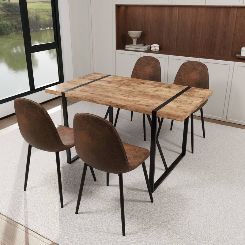 MDF dark wood dining table and modern dining chair 4-piece set, medieval wooden kitchen dining table set, rectangular metal base