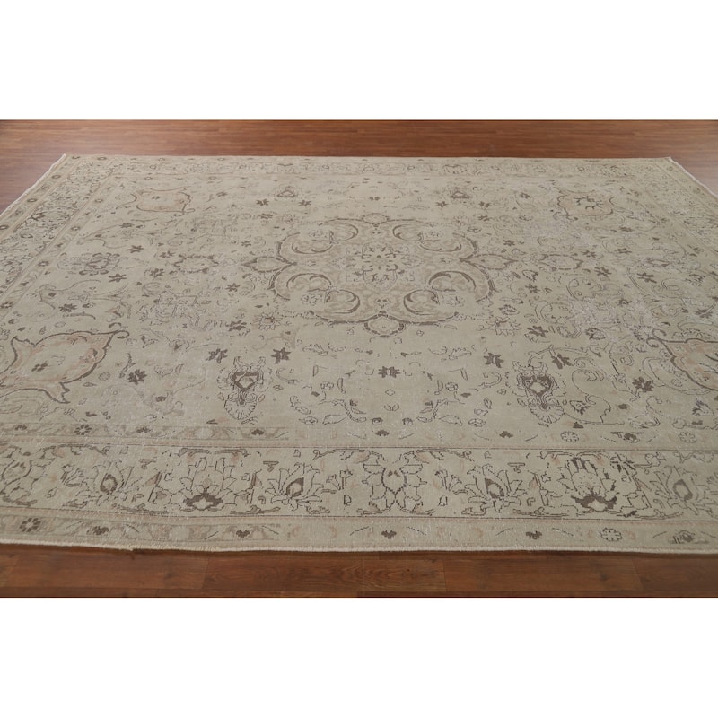 Distressed Muted Tabriz Vintage Persian Area Rug Handmade Wool Carpet - 9'4" x 12'5"