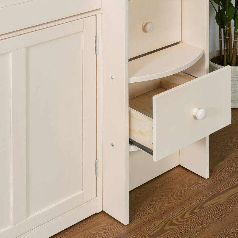 Twin Wooden Loft Bed with Rolling Desk, Storage Drawers and Cabinets, House Style Kids Loft Bed with Stairs