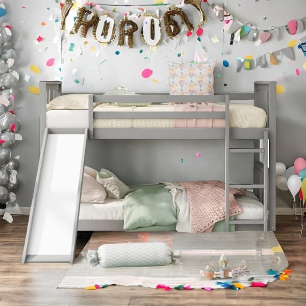slide 2 of 27, Built-in Design Twin Over Twin Bunk Bed with Slide and Ladder,House Shape Design Grey