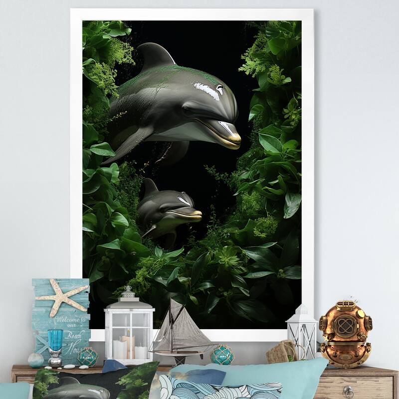 Designart "Dolphin Eco Guardians " Animals Dolphin Framed Wall Decor - 24 in. wide x 32 in. high - White