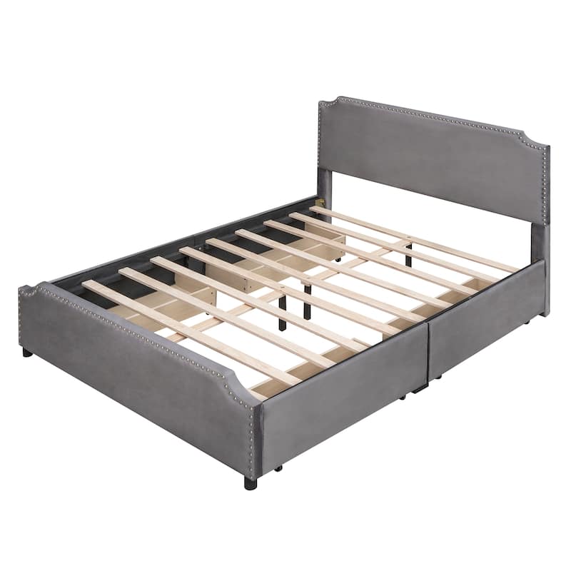 Queen Upholstered Velvet Platform Bed Storage Bedframe with 4 Drawers