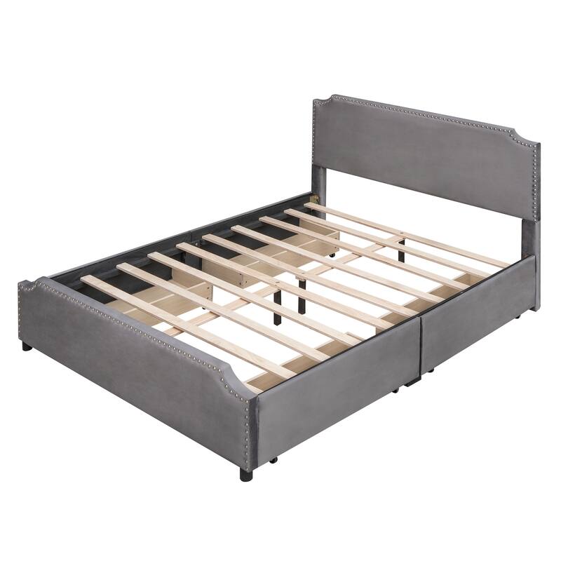 Upholstered Platform Bed Queen Size Velvet Fabric Storage Bedframe with 4 Drawers, Headboard & Footboard, No Box Spring Needed