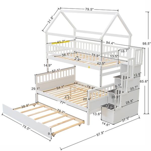 MDF Full Size Twin House Bunk Bed with Storage Staircase and Trundle,Full-Length Guardrail