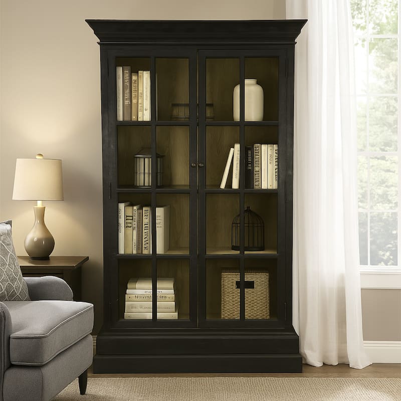 Geny Library Bookcase Cabinet, 2 Glass Door, 3 Shelves, 59 Inch Black