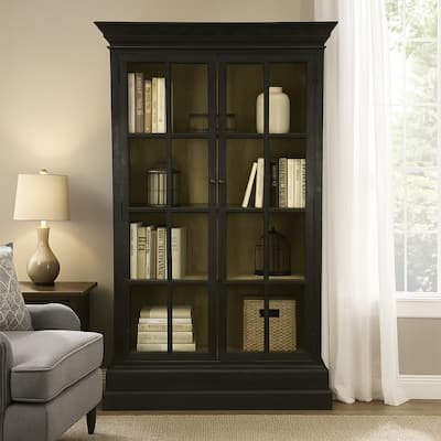 Geny Library Bookcase Cabinet, 2 Glass Door, 3 Shelves, 59 Inch Black