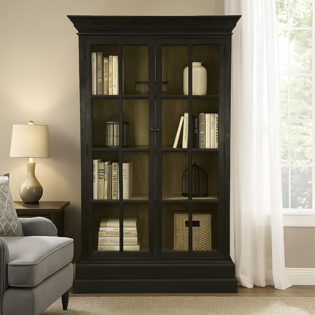 Geny Library Bookcase Cabinet, 2 Glass Door, 3 Shelves, 59 Inch Black