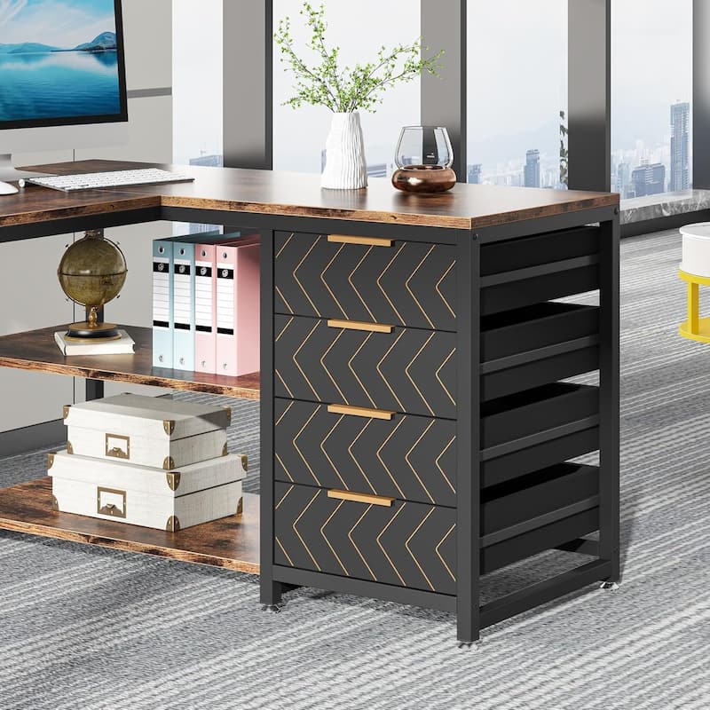 59"L-Shaped Computer Desk with Drawers and Shelves, Reversible Corner Office Desk Workstation, Writing Table with File Cabinets