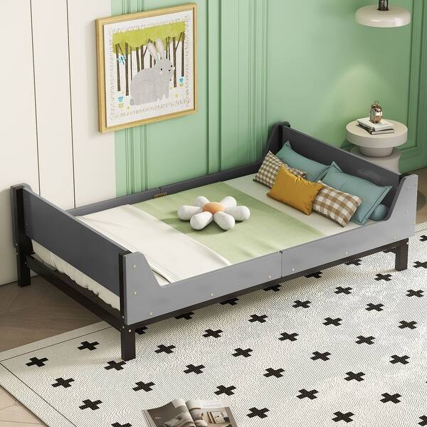 slide 2 of 34, Wooden platform bed with headboard and footboard