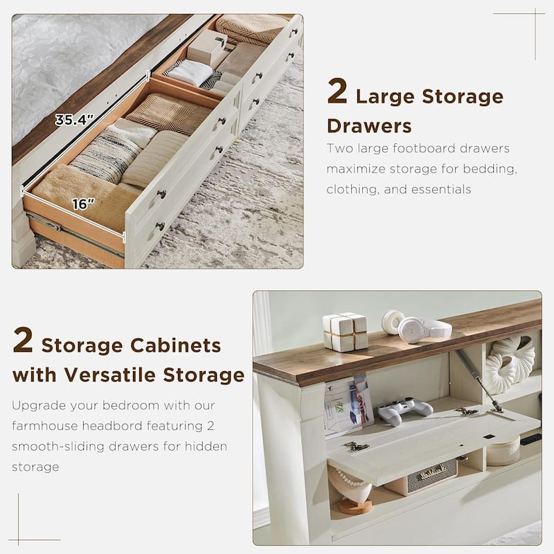 Farmhouse King Size Bed Frame with 54" Tall Storage Bookcase Headboard