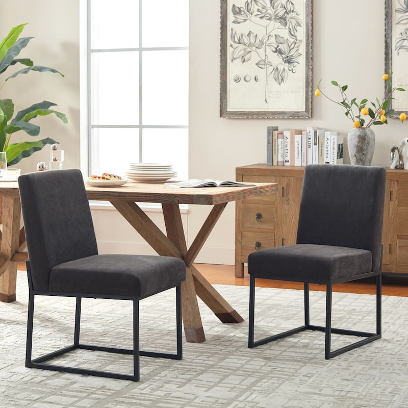 Mid Century Modern Dining Chair with Black Metal Legs - Set of 2 - Dark Grey-unstriped