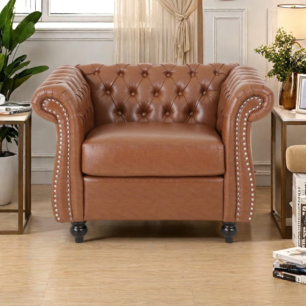 PU Tufted Accent Chair with Chesterfield Design, Nailhead Accents, and Foam-Pocket Spring Seat