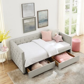 Twin Size Beige Upholstered Daybed w/ Drawers Storage Bed, Platform Bed ...
