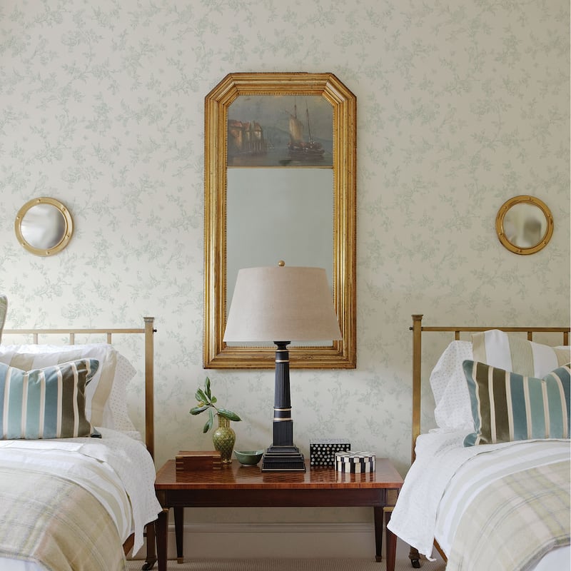 Birds Friedkin French Nightingale Blue Floral Scroll 33' L X 20.5 W Wallpaper Roll - Sage