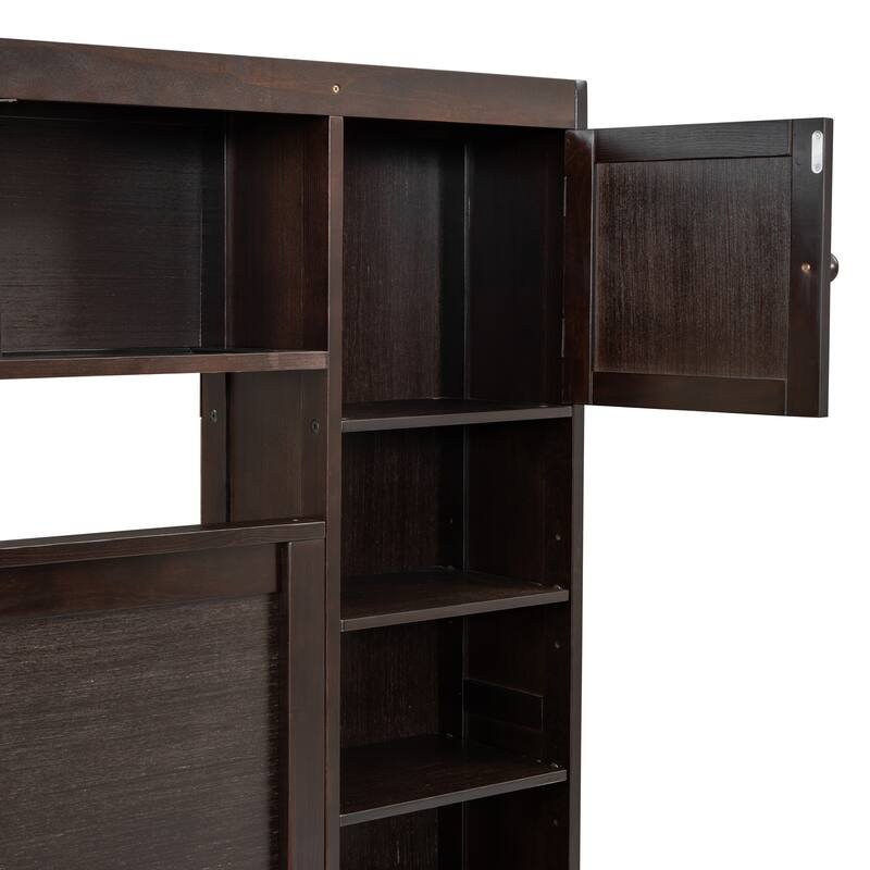 Solid Wood Storage Bed Frame with Twin Size Trundle & 2 Drawers, Wooden Platform Bed All-in-One Panel Bed Set with Cabinets