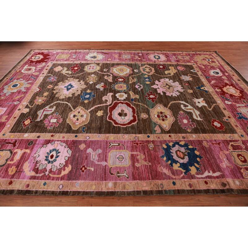 Hand Knotted Oriental 100% Wool Carpet Transitional All-Over Brown Oushak Area Rug - 11' 9'' X 9' 5''