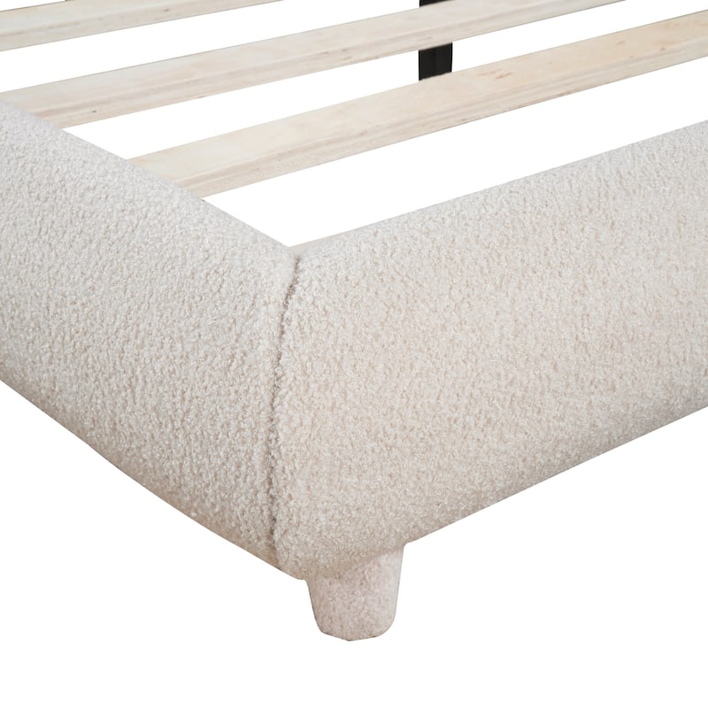 Teddy Fleece Queen Size Upholstered Platform Bed with Thick Fabric, Solid Frame and Stylish Curve-shaped Design, Beige