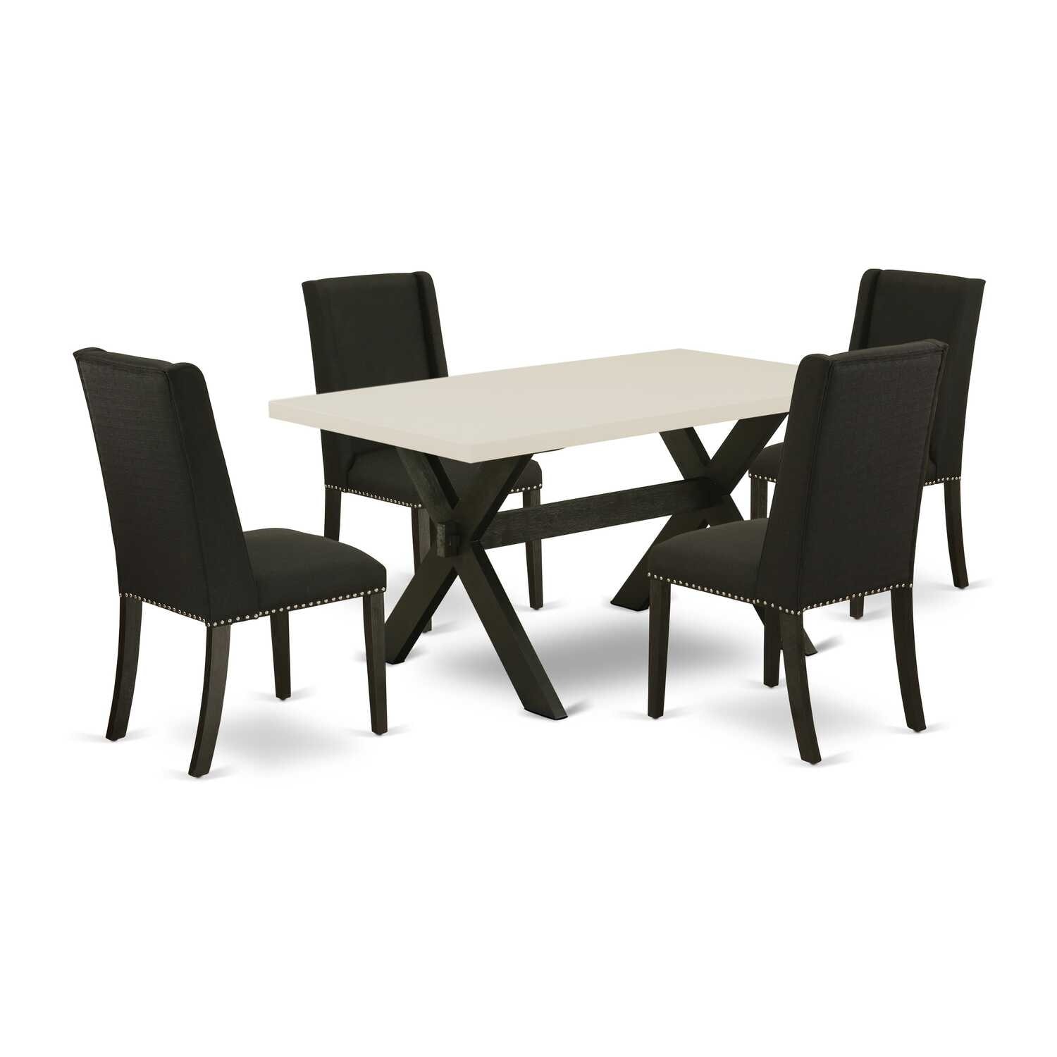 Mid Century Dining Table Set with 4 Chairs - Linen White Tabletop & Black Upholstered Seats - 60