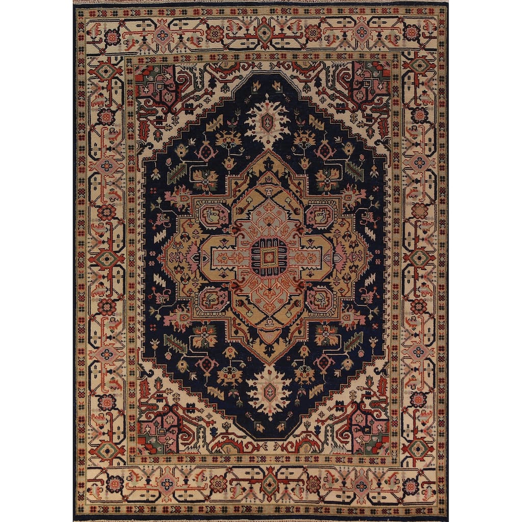 Blue Geometric Heriz Serapi Indian Area Rug Handmade Wool Carpet - 8'9"x 11'11"
