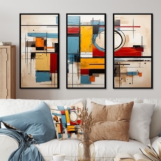 Designart "Geometric Colorful Atmosphere" Abstract Geometric Framed Art Set of 3 - Modern Red Wall Art Set 3 Pieces