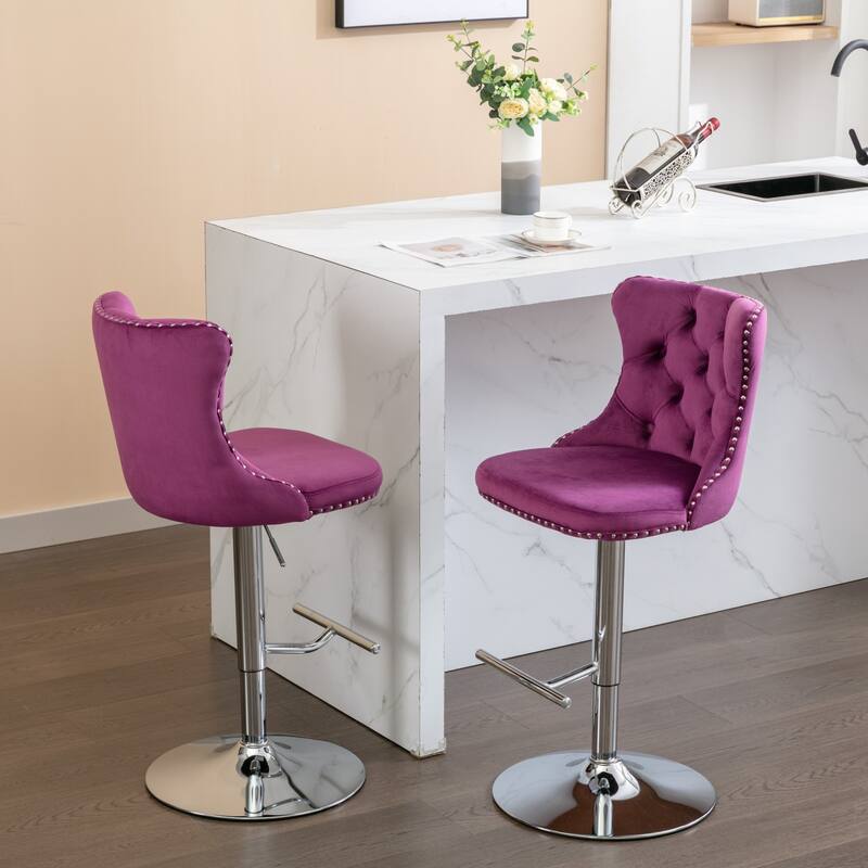 Velvet Swivel Barstools Purple Tufted Upholstered Dining Chair 2 Set
