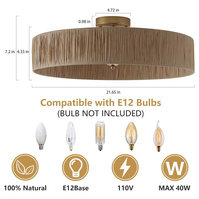 5-Light Natural Raffia Semi Flush Mount Ceiling Light- Farmhouse Rustic - 21.65"x21.65"x7.2"